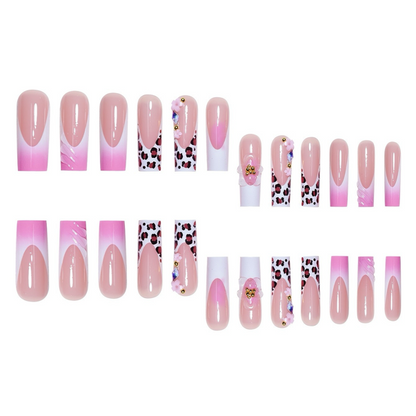Faux ongles carrés très populaires, de couleur unie, tendance et élégants, ornés de motifs floraux et léopard, produits pour ongles prêts à poser en gros.