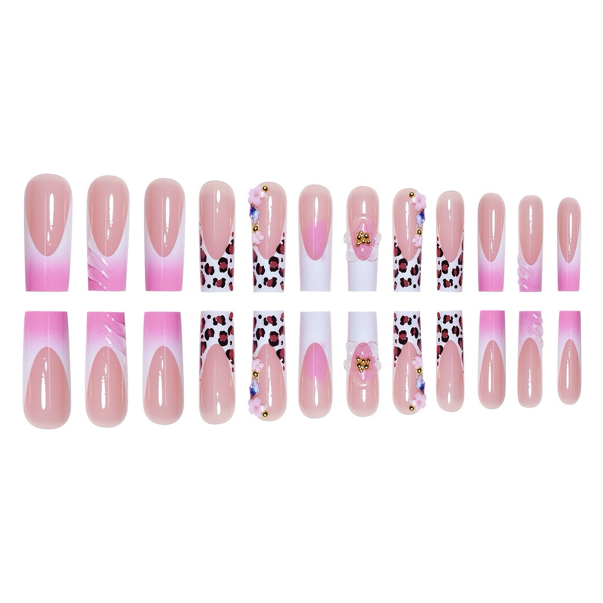 Faux ongles carrés très populaires, de couleur unie, tendance et élégants, ornés de motifs floraux et léopard, produits pour ongles prêts à poser en gros.